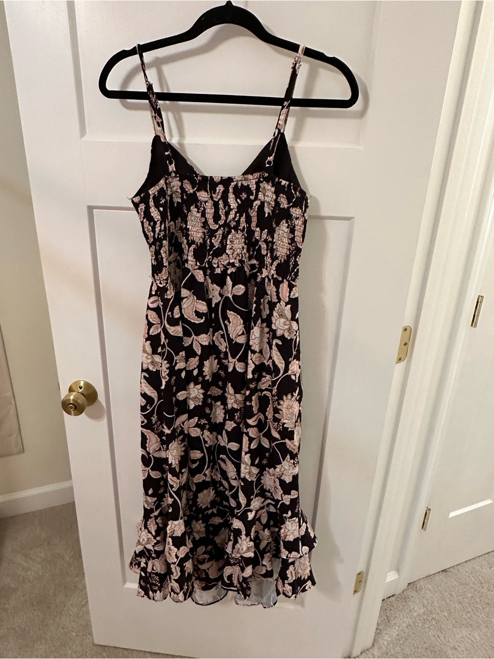 Black Floral Spaghetti Strap Midi Dress with Pink Flower Print - Picture 3 of 4